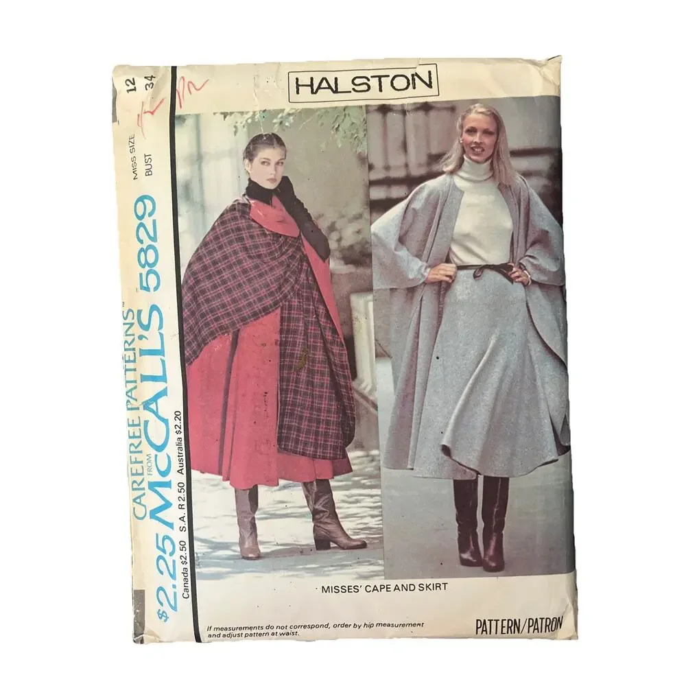 Vintage 1977 McCalls Pattern #5829 Halston Poncho Cape Skirt Sie 12 UNCUT